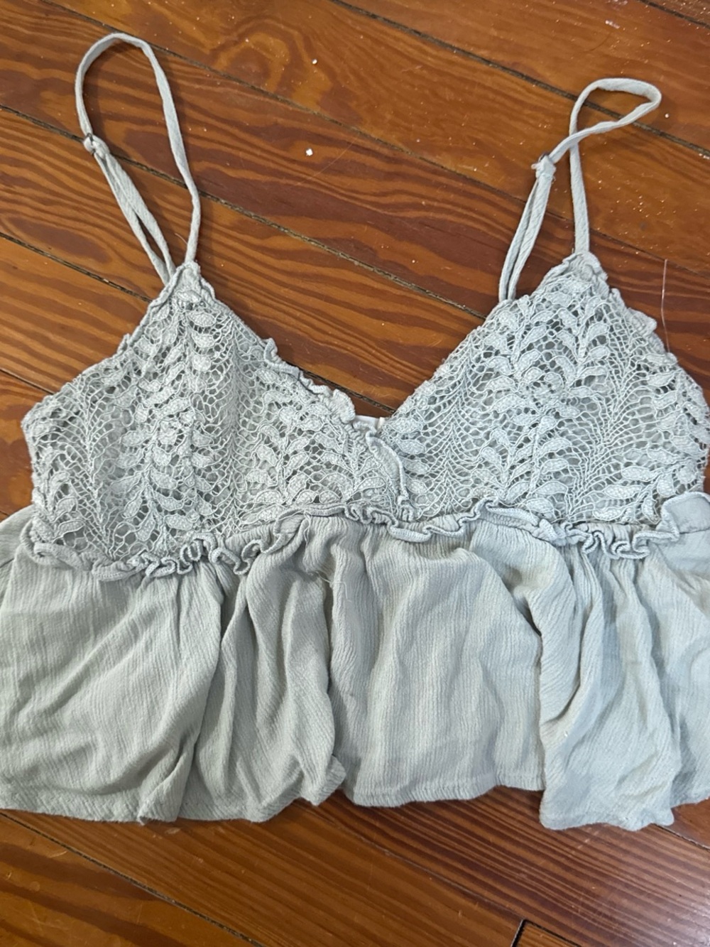 Ocean Drive Light Gray Crochet-Detail Spaghetti Strap Crop Top
